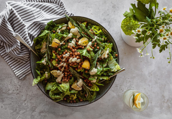 Vegan Caesar Salad with Roasted Chickpea Croutons