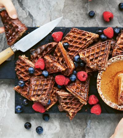 Chocolate Waffle Toast Dunked in Granola Butter