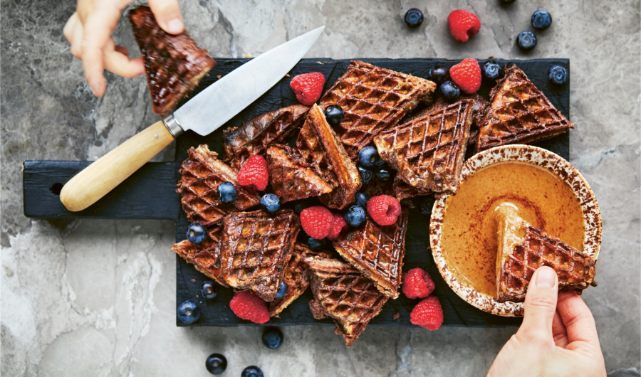 Chocolate Waffle Toast Dunked in Granola Butter