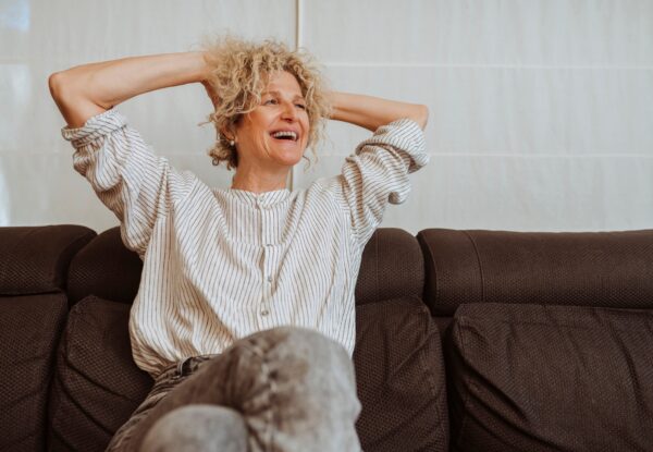 Happy,Beautiful,Relaxed,Middle,Aged,Woman,Drinking,Coffee,Relaxing,On